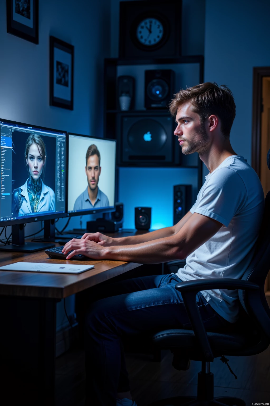 A person is working at a desk with two computer monitors displaying images, in a dimly lit room with speakers and framed pictures on the wall.