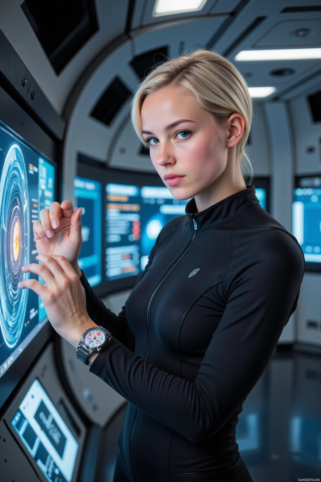 A woman in a black outfit stands in a futuristic control room, interacting with a large screen.