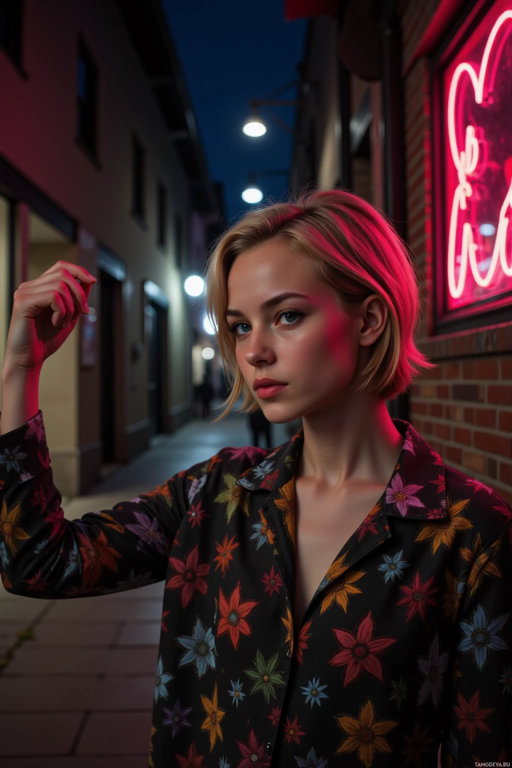 A person stands in a dimly lit alleyway, wearing a floral-patterned shirt, with a neon sign visible in the background.