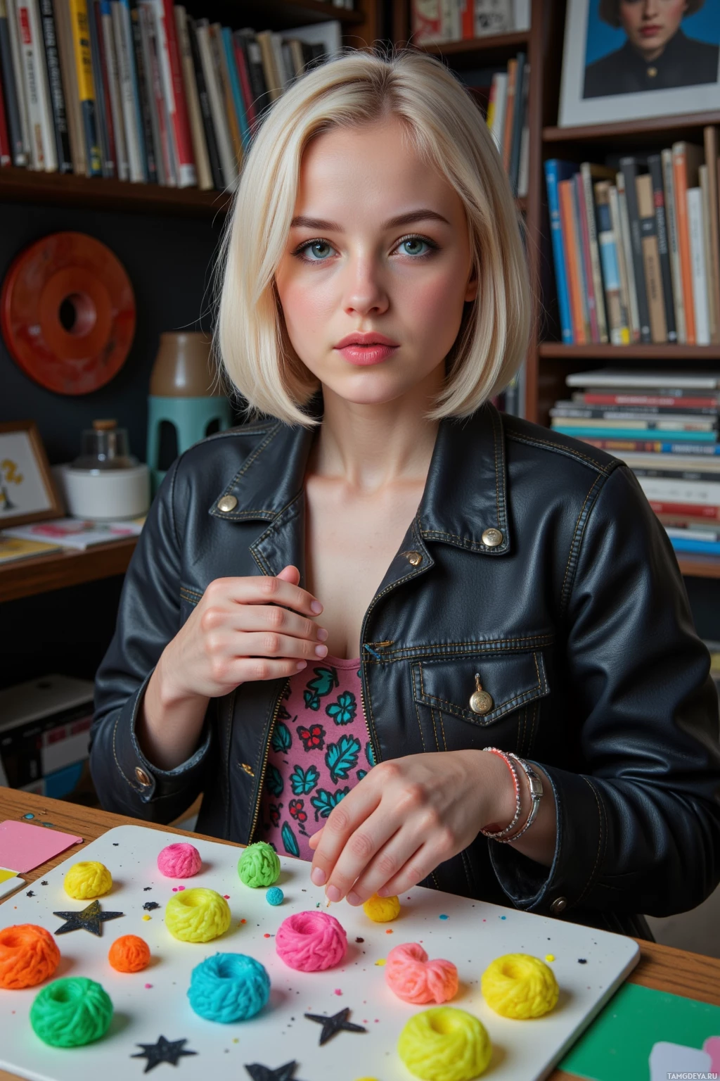 A person with short blonde hair wearing a black leather jacket and a colorful top, sitting at a table with colorful clay or dough.