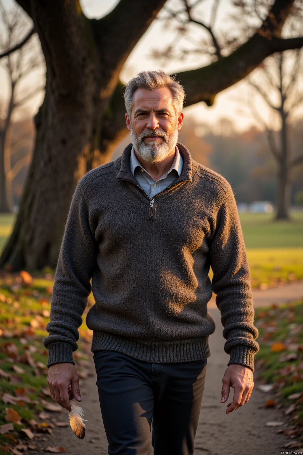A man walks along a path in a park, holding a feather in his hand.