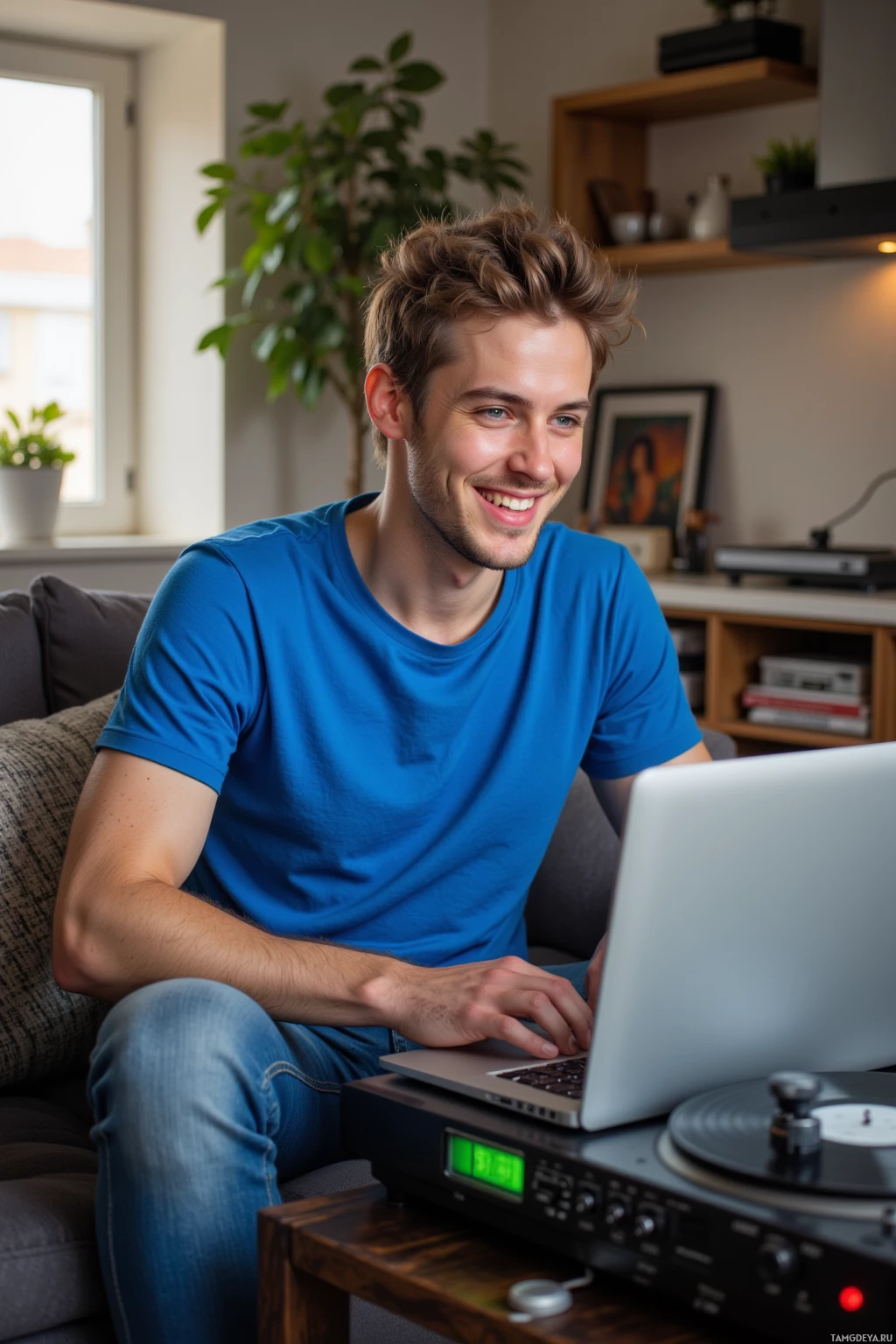 A man in a blue shirt sits on a couch, smiling while using a laptop.