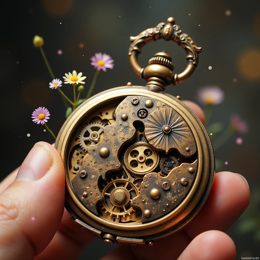 A hand holds an ornate, open pocket watch with visible gears and flowers in the background.