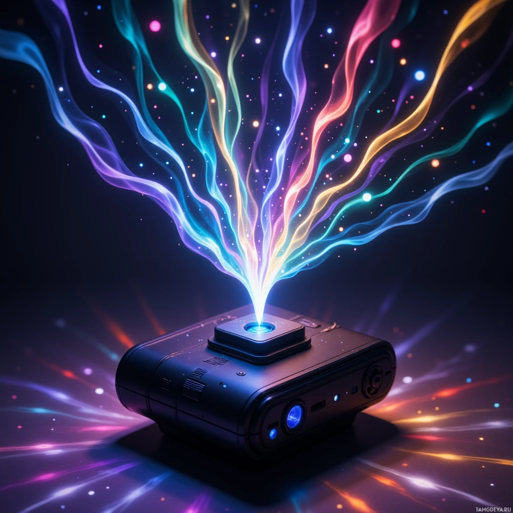 A futuristic device emits vibrant, colorful light beams against a dark, starry background.