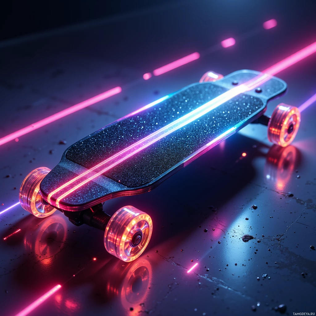 A futuristic skateboard with glowing neon lights and reflective wheels.