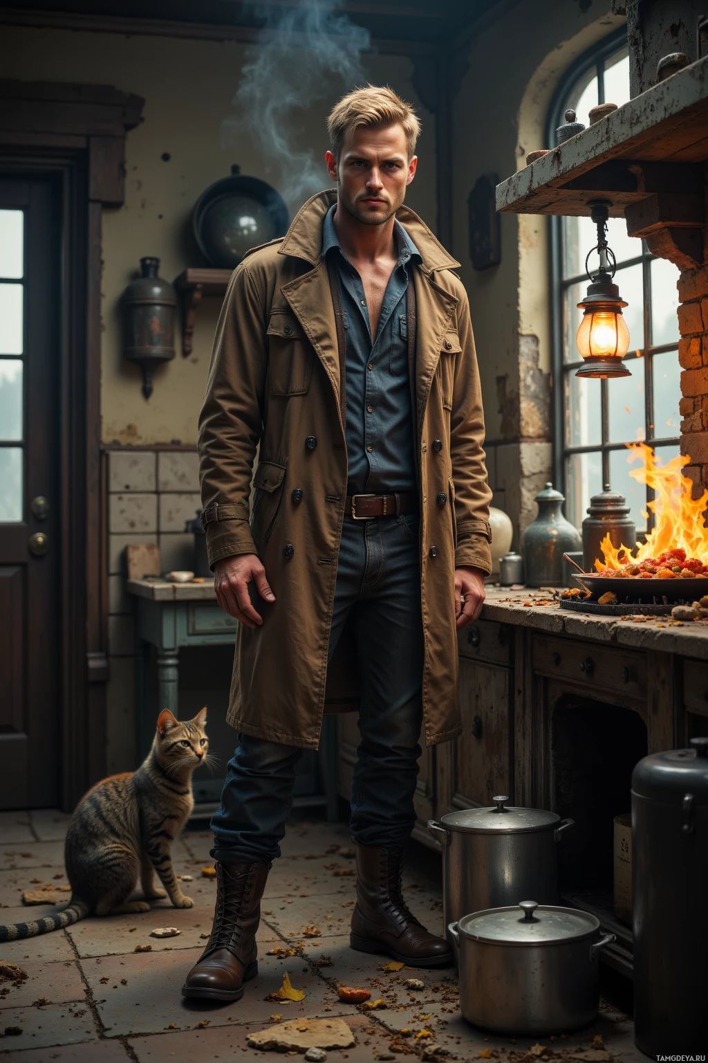 A man in a trench coat stands in a rustic kitchen with a cat nearby.