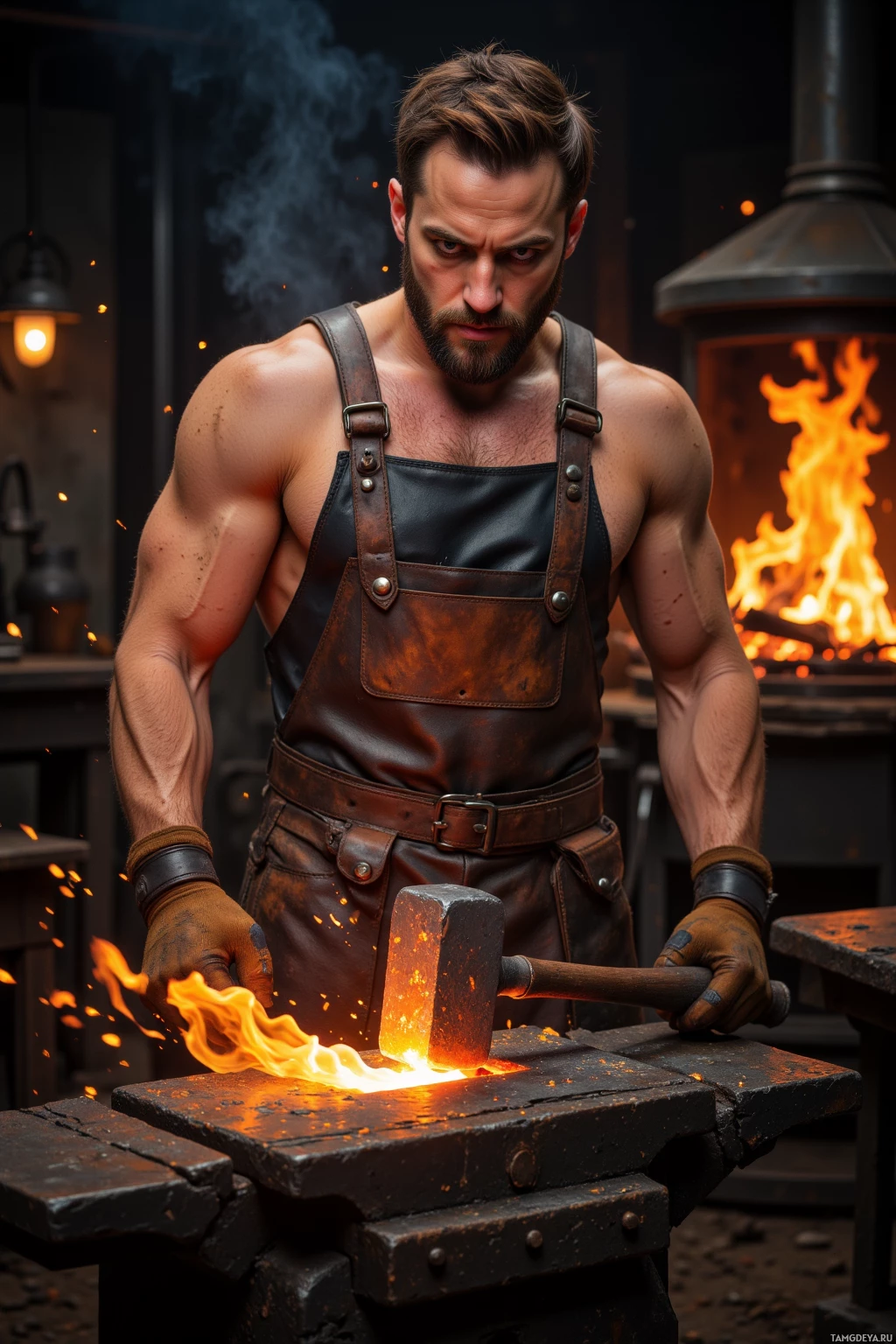 A muscular man in leather apron and gloves works with a glowing hammer in a forge.