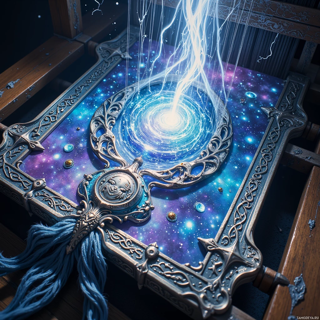 A mystical, ornate object with a glowing, cosmic design and flowing blue tassels.