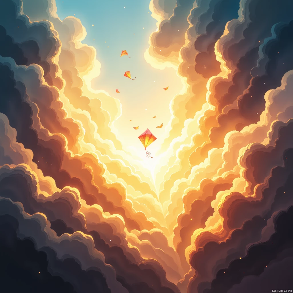 A vibrant sky with fluffy clouds and kites flying.