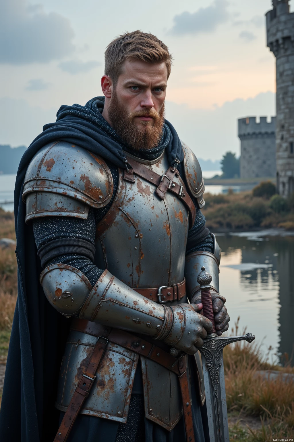 A knight in armor stands by a castle, holding a sword.
