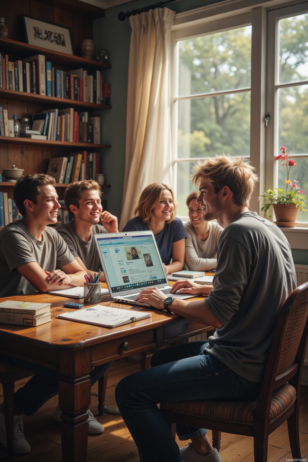 A group of four people is gathered around a wooden table, engaged in a discussion or study session.