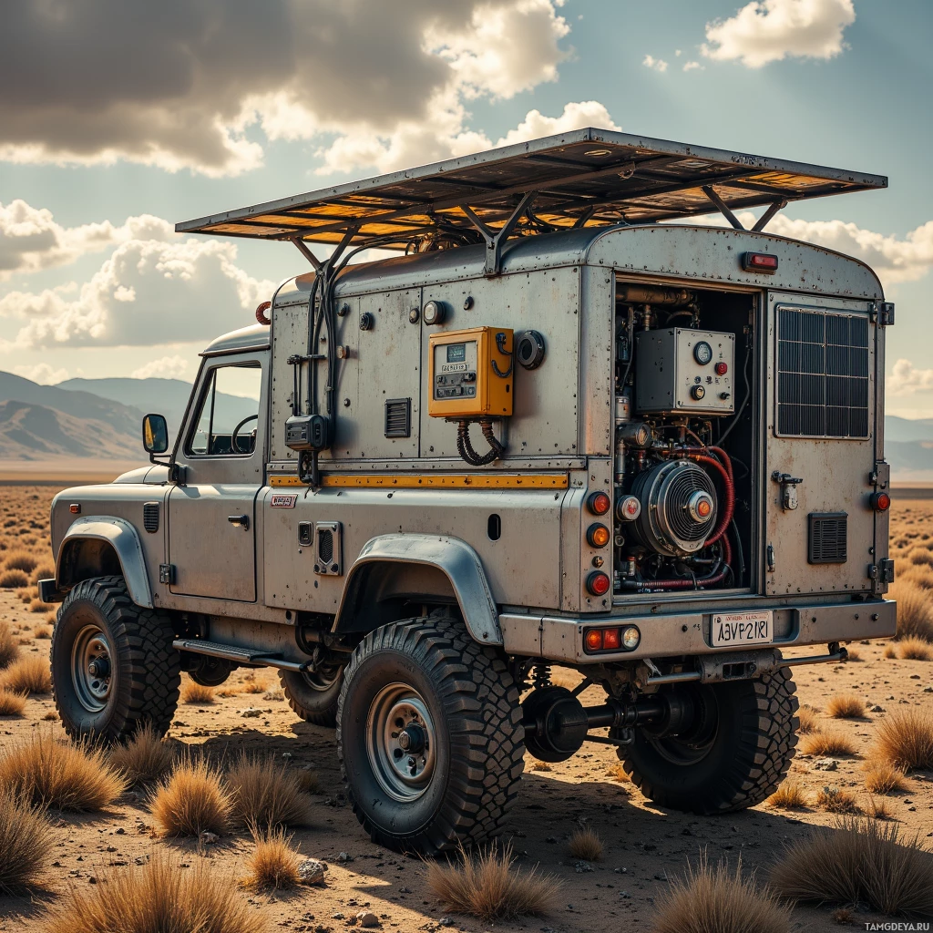 A rugged, off-road vehicle with a solar panel and exposed mechanical components is parked in a desert landscape.