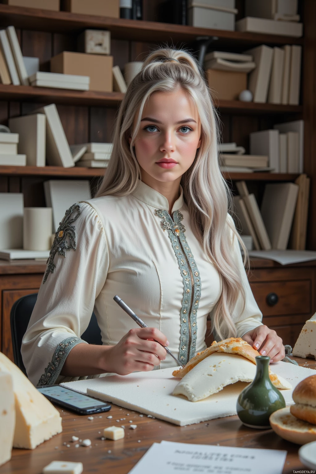 A person in a vintage-style blouse is seated at a table with food and a notebook, appearing to write or draw.