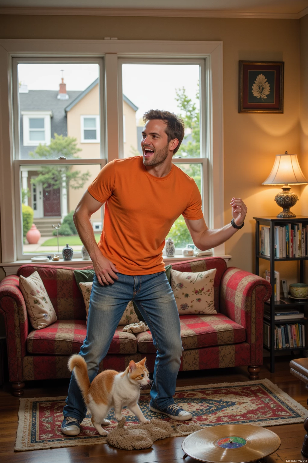 A man in an orange shirt and jeans stands in a cozy living room with a cat nearby.
