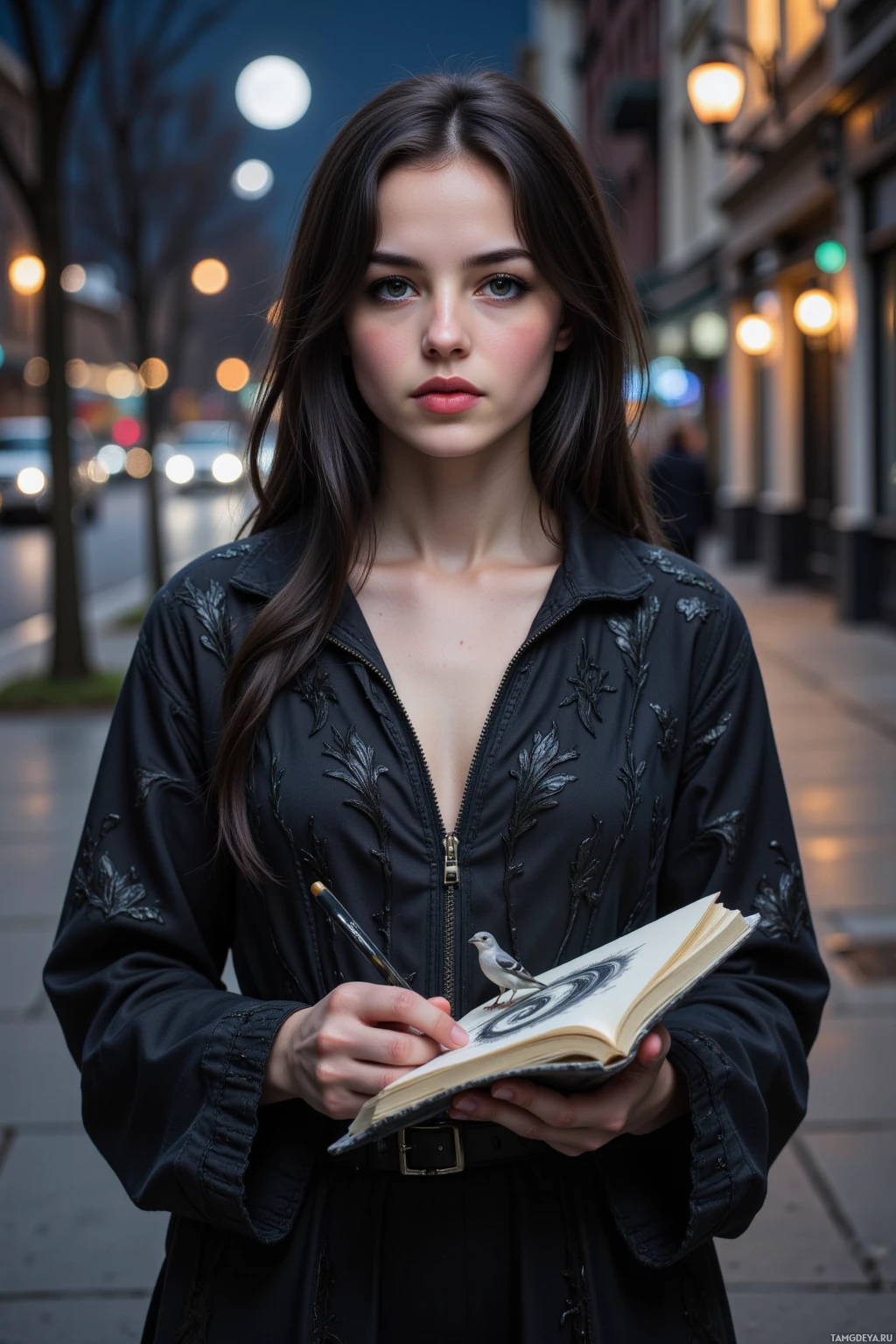 A person in a black jacket with floral embroidery holds a pen and notebook, with a bird perched on the book, against a city street backdrop.