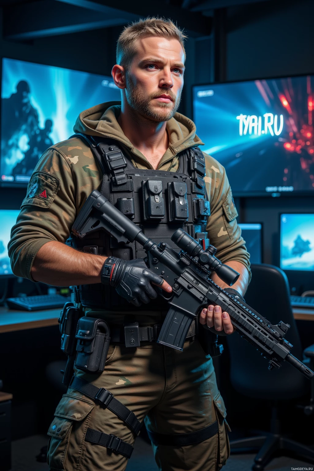 A man in tactical gear holds a rifle in a modern office setting.