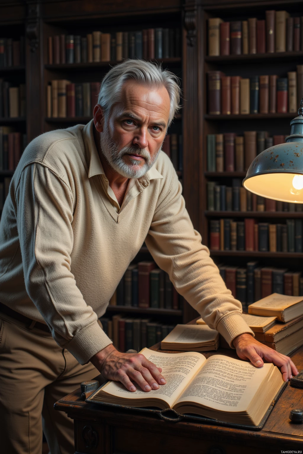 An older man with gray hair and a beard leans on a desk with an open book, surrounded by bookshelves.