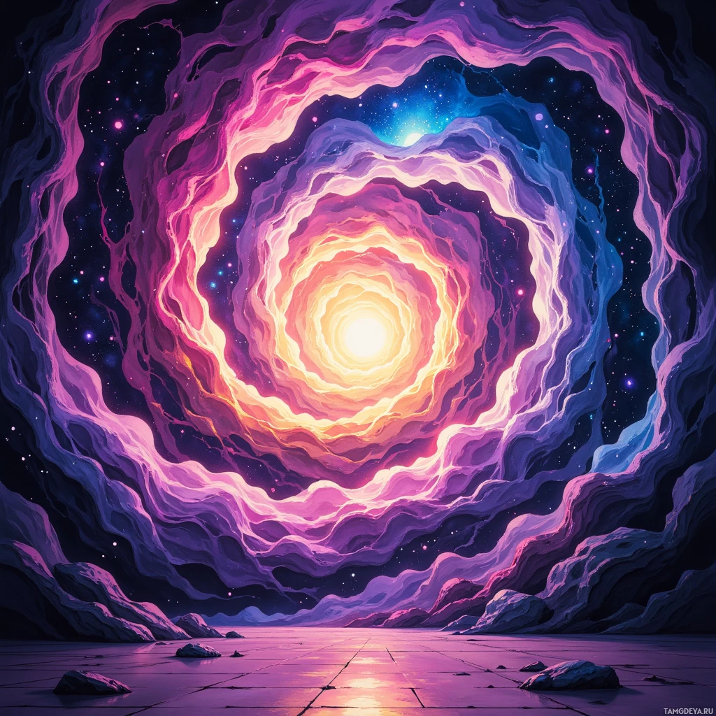 A vibrant, cosmic scene featuring a swirling portal with a bright, glowing center set against a starry, dark background.