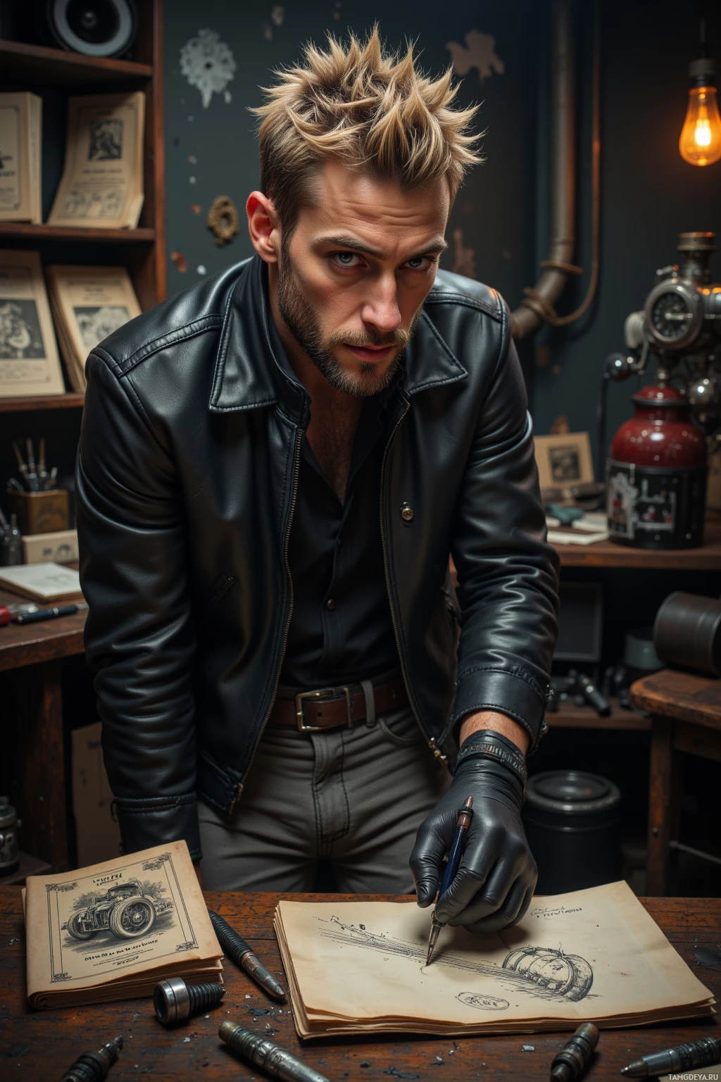A man in a leather jacket and gloves is sketching on a notebook in a workshop setting.