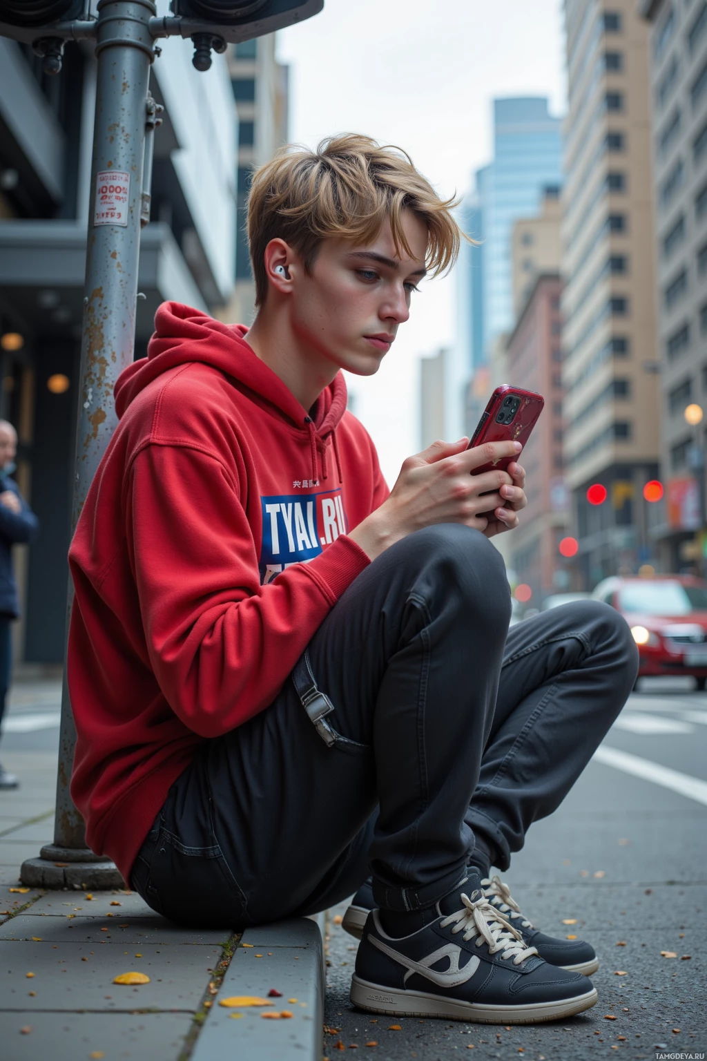 A person in a red hoodie sits on a curb, looking at a phone.
