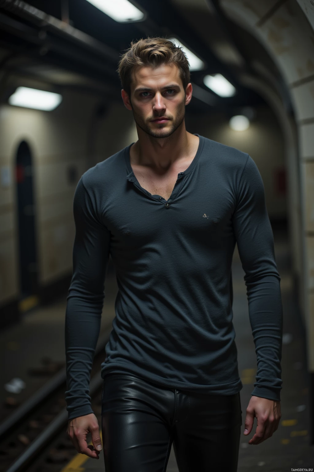 A man stands in a dimly lit tunnel wearing a dark long-sleeved shirt and black pants.