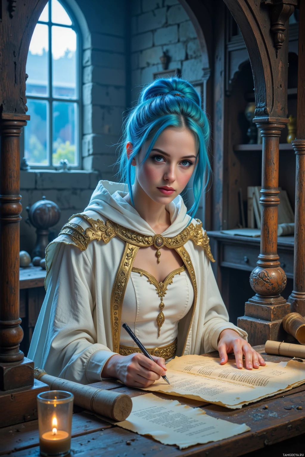 A person in a medieval-style outfit is writing in a book by candlelight in a dimly lit room.