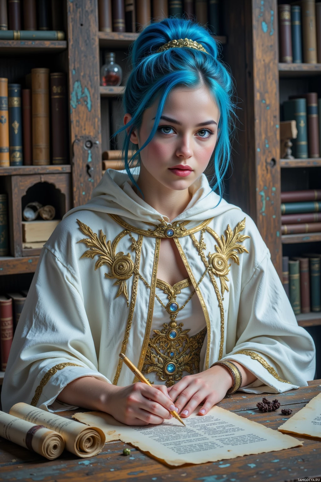 A person with blue hair in a regal white and gold outfit is writing on parchment in a library.