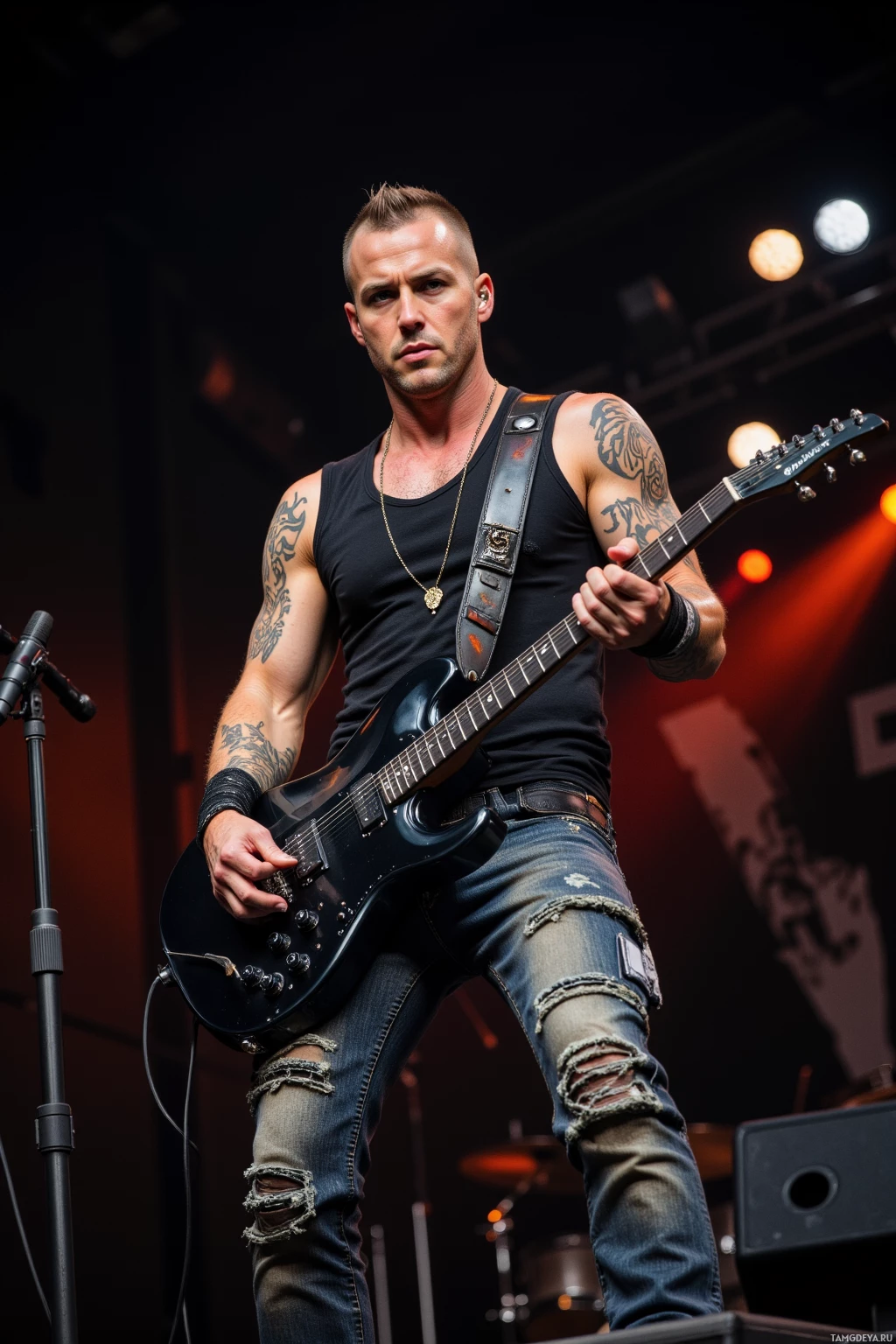 A musician performs on stage, playing an electric guitar.