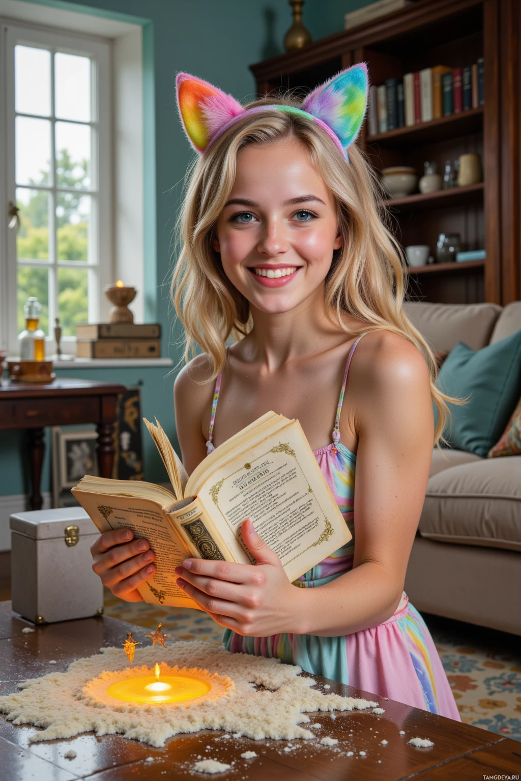 A young girl with cat ears smiles while holding an open book in a cozy room.