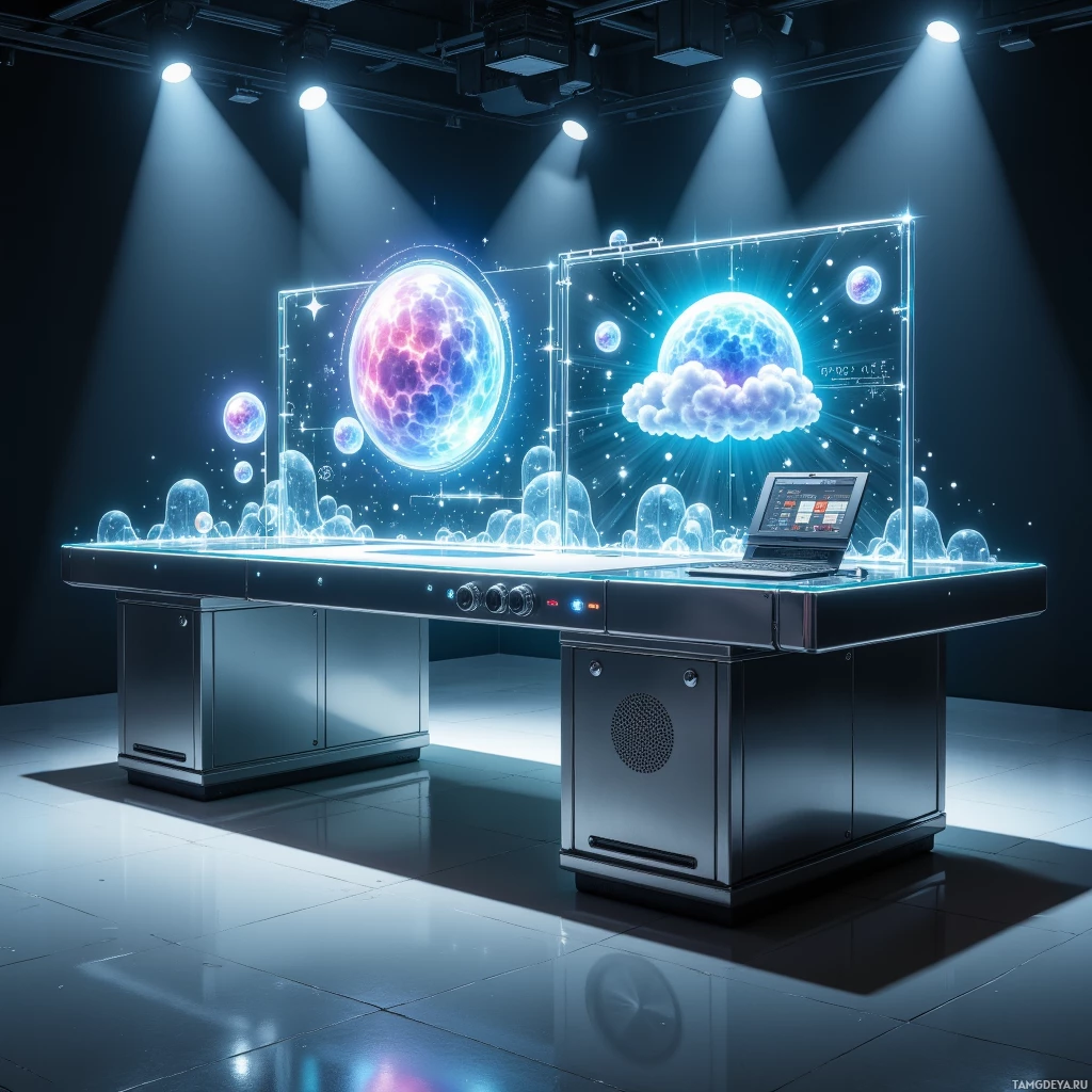 A futuristic desk setup with glowing spheres and a laptop, illuminated by spotlights.