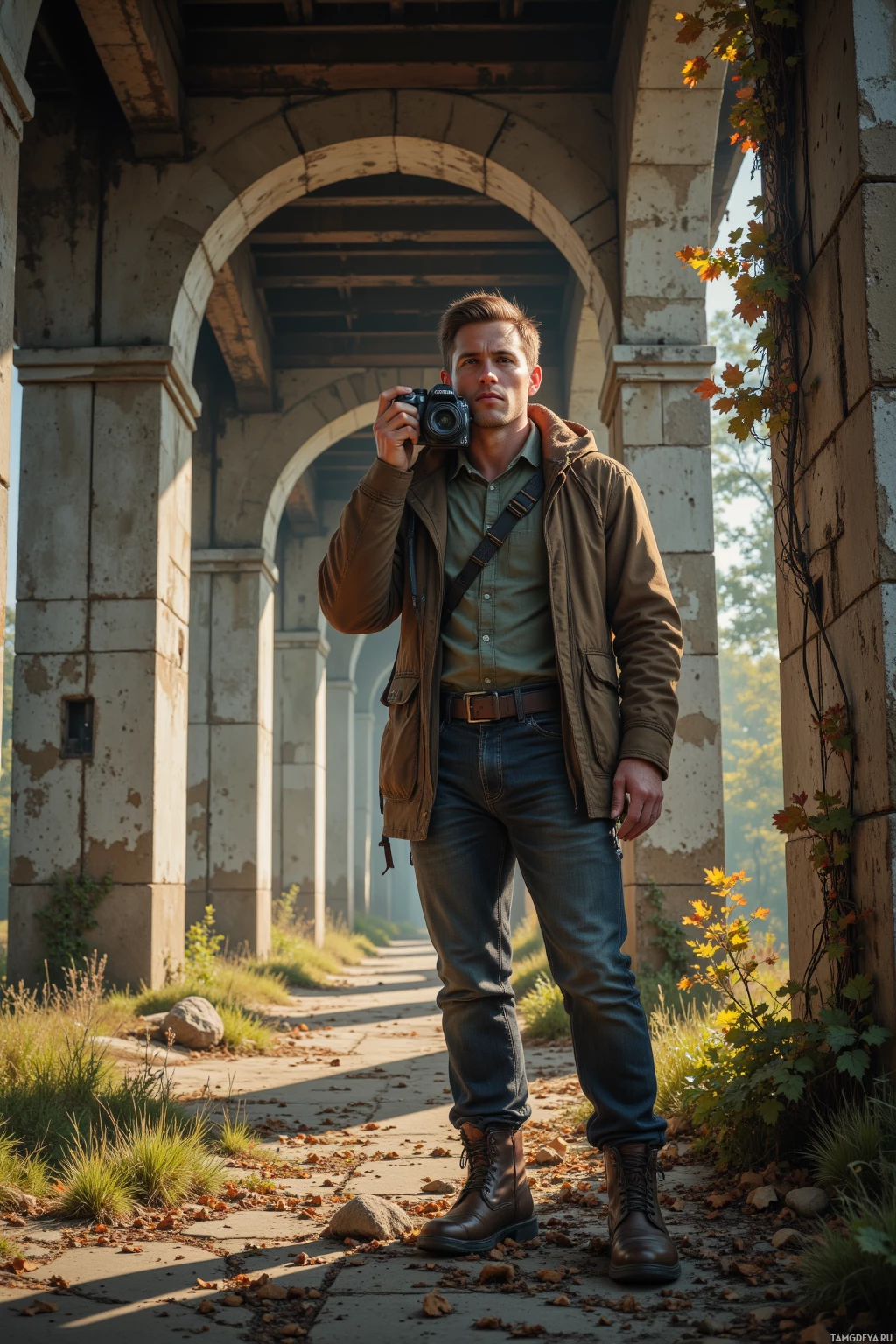 A man stands under an arched structure, holding a camera, with autumn leaves and sunlight in the background.