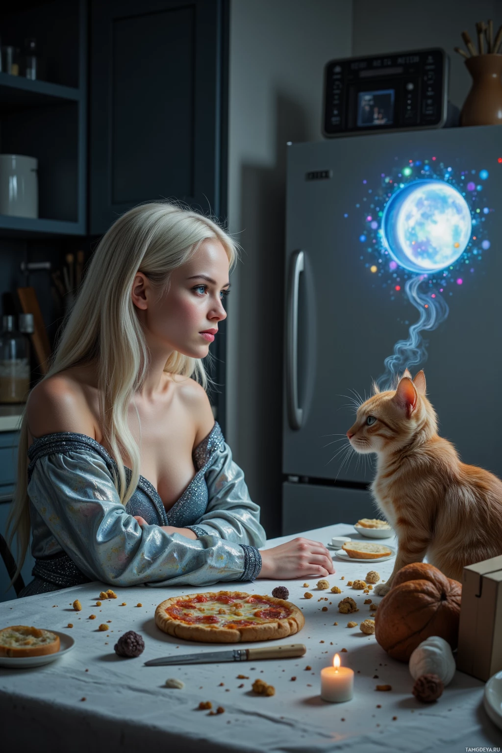 A woman and a cat sit at a table with a pizza and a candle, in a kitchen setting.