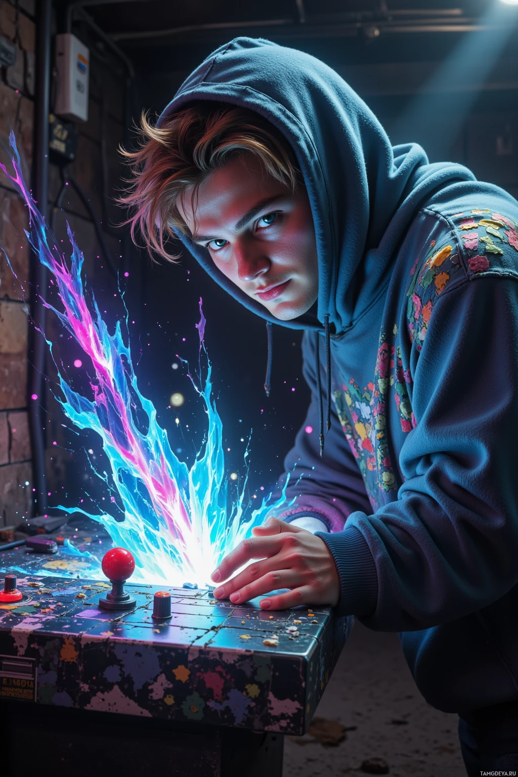 A person in a hoodie leans over a colorful arcade machine with vibrant splashes of light.