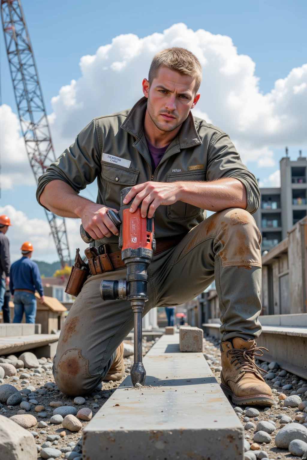 A construction worker kneels, holding a power drill, on a sunny day at a construction site.