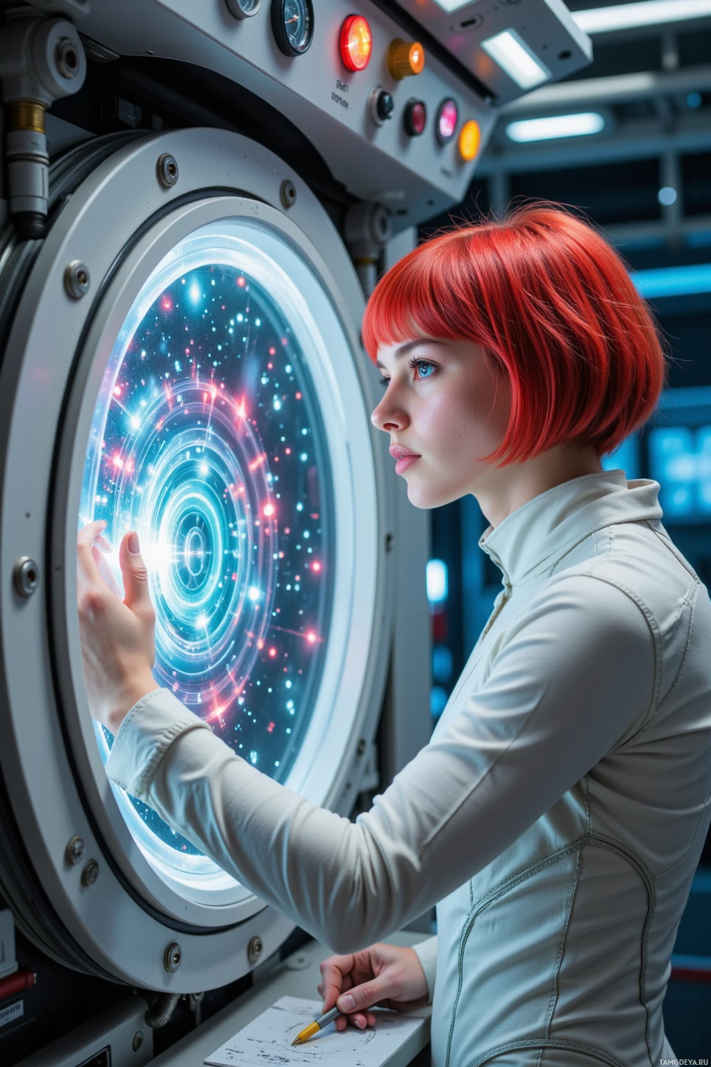 A person with red hair in a futuristic setting interacts with a glowing circular interface.