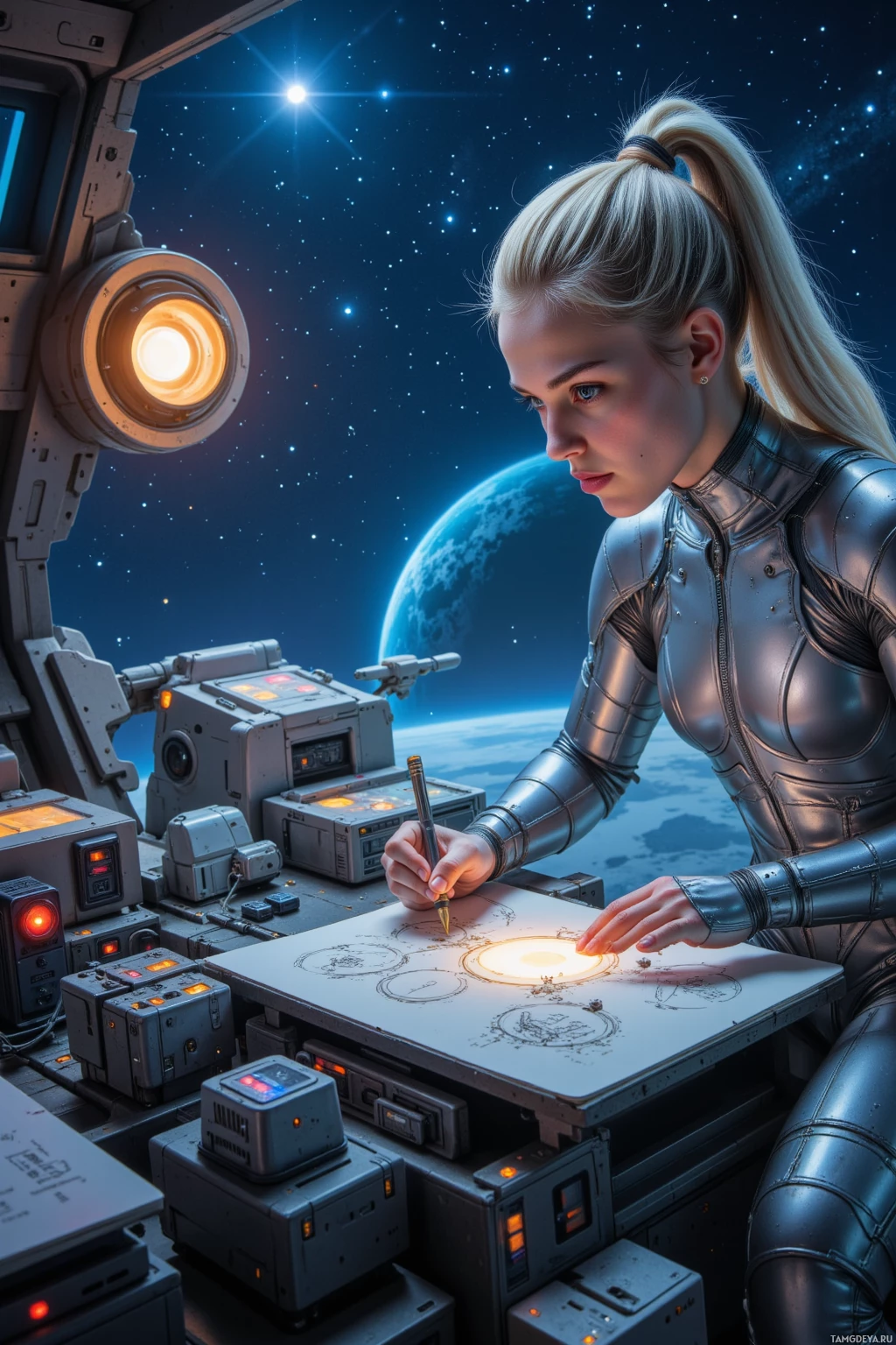 A person in a futuristic suit works on a glowing panel inside a spacecraft.