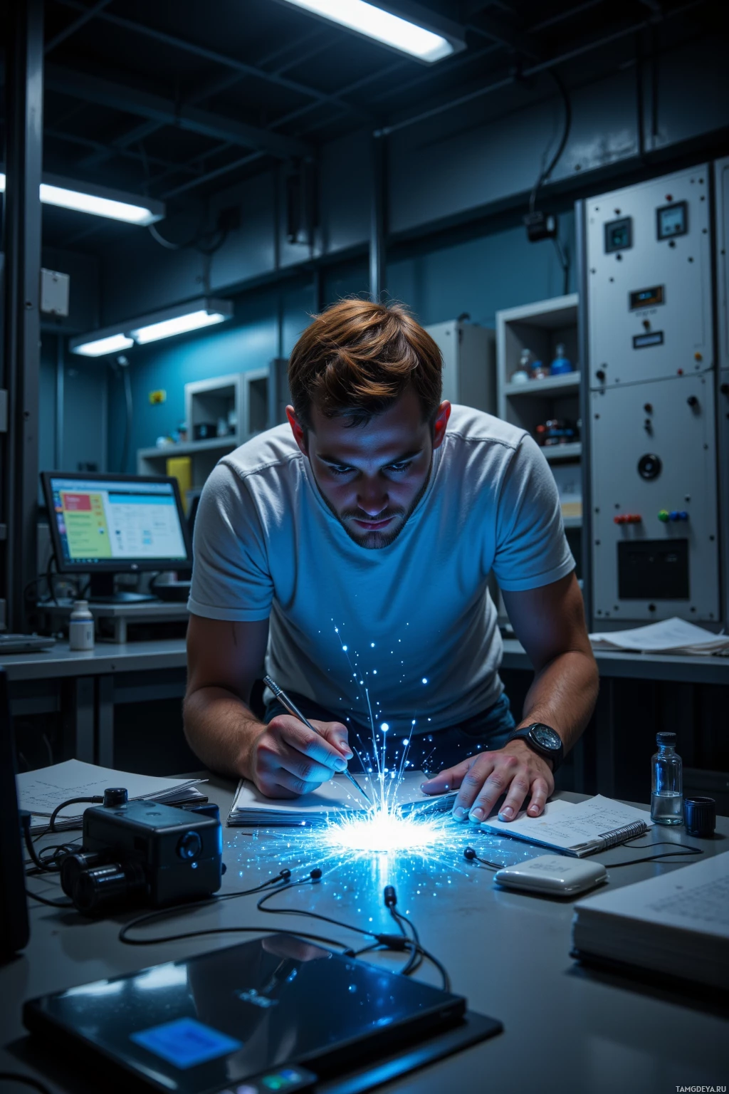 A man is working in a laboratory, focusing on a glowing spark as he writes in a notebook.