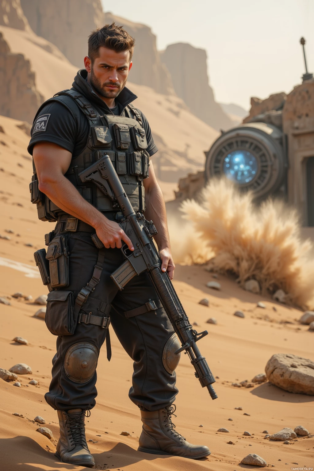 A soldier in tactical gear stands in a desert landscape, holding a rifle.