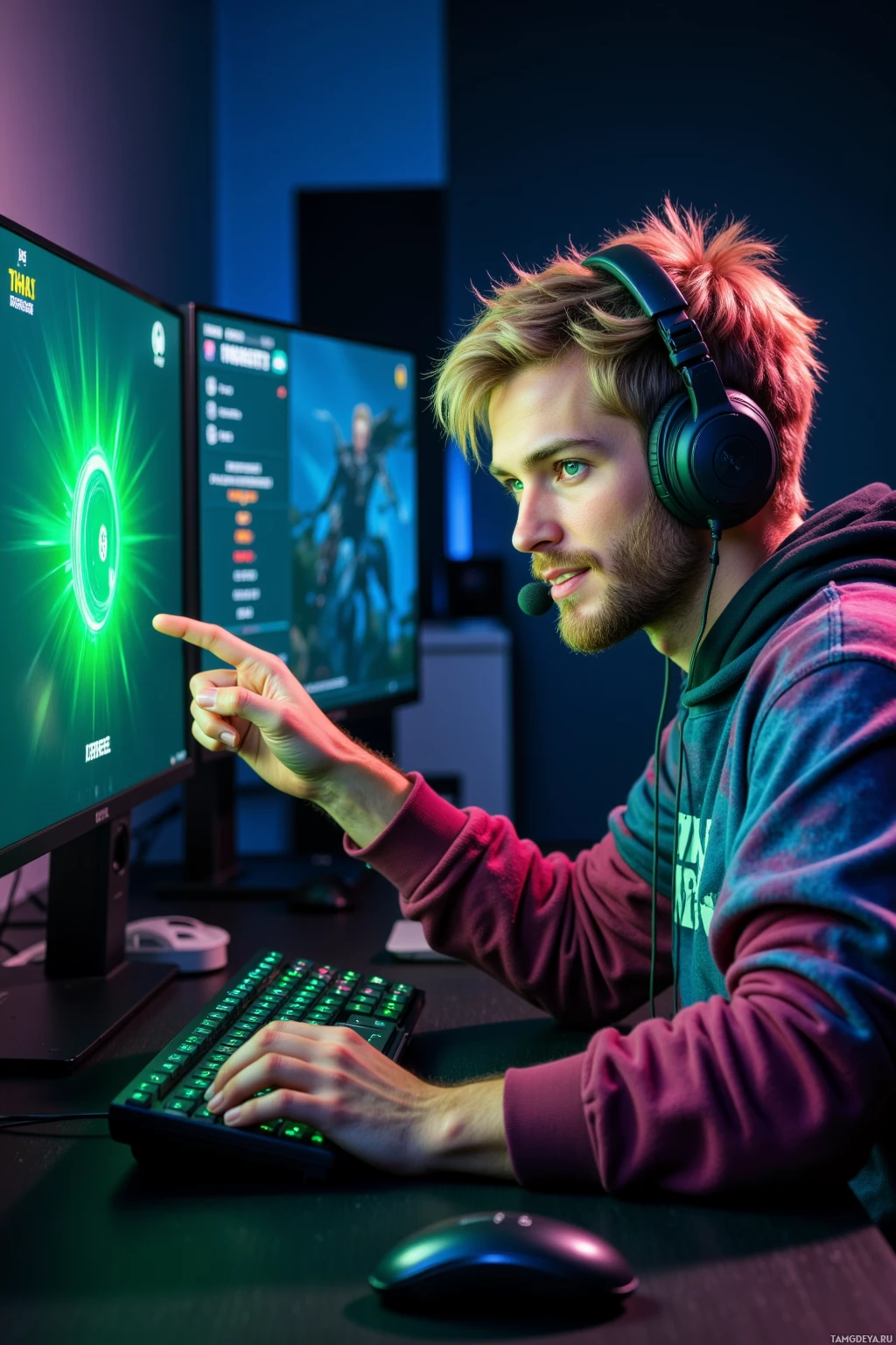A person wearing headphones is sitting at a desk with a computer setup, pointing at the screen.