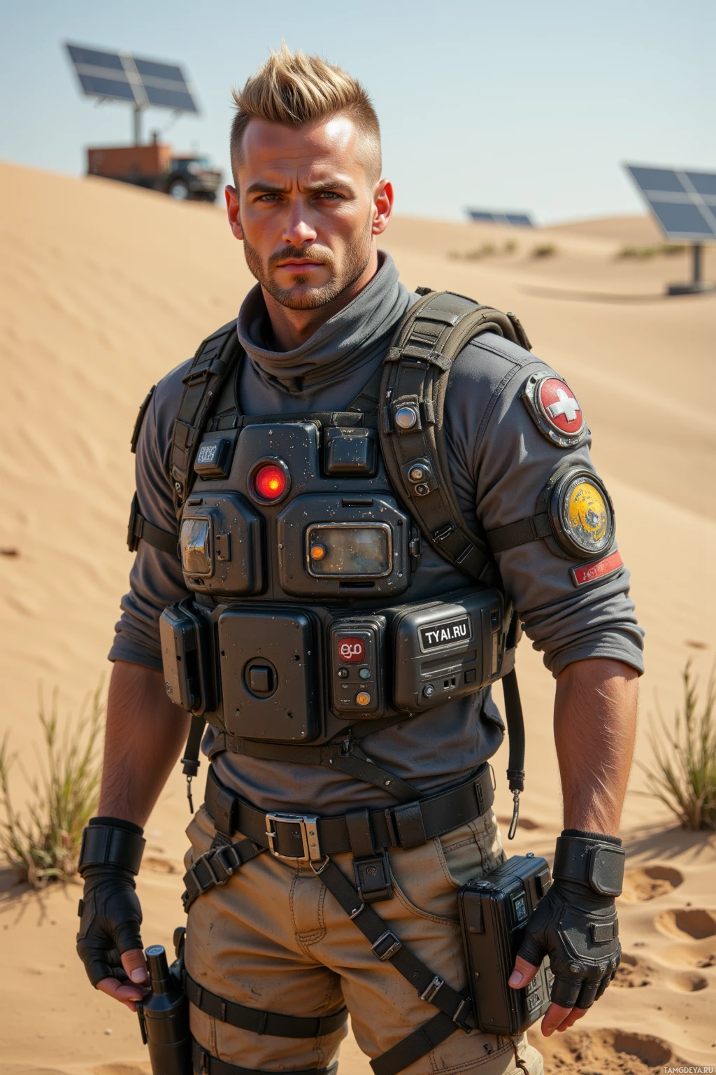 A person in a desert setting wearing tactical gear and a utility vest.