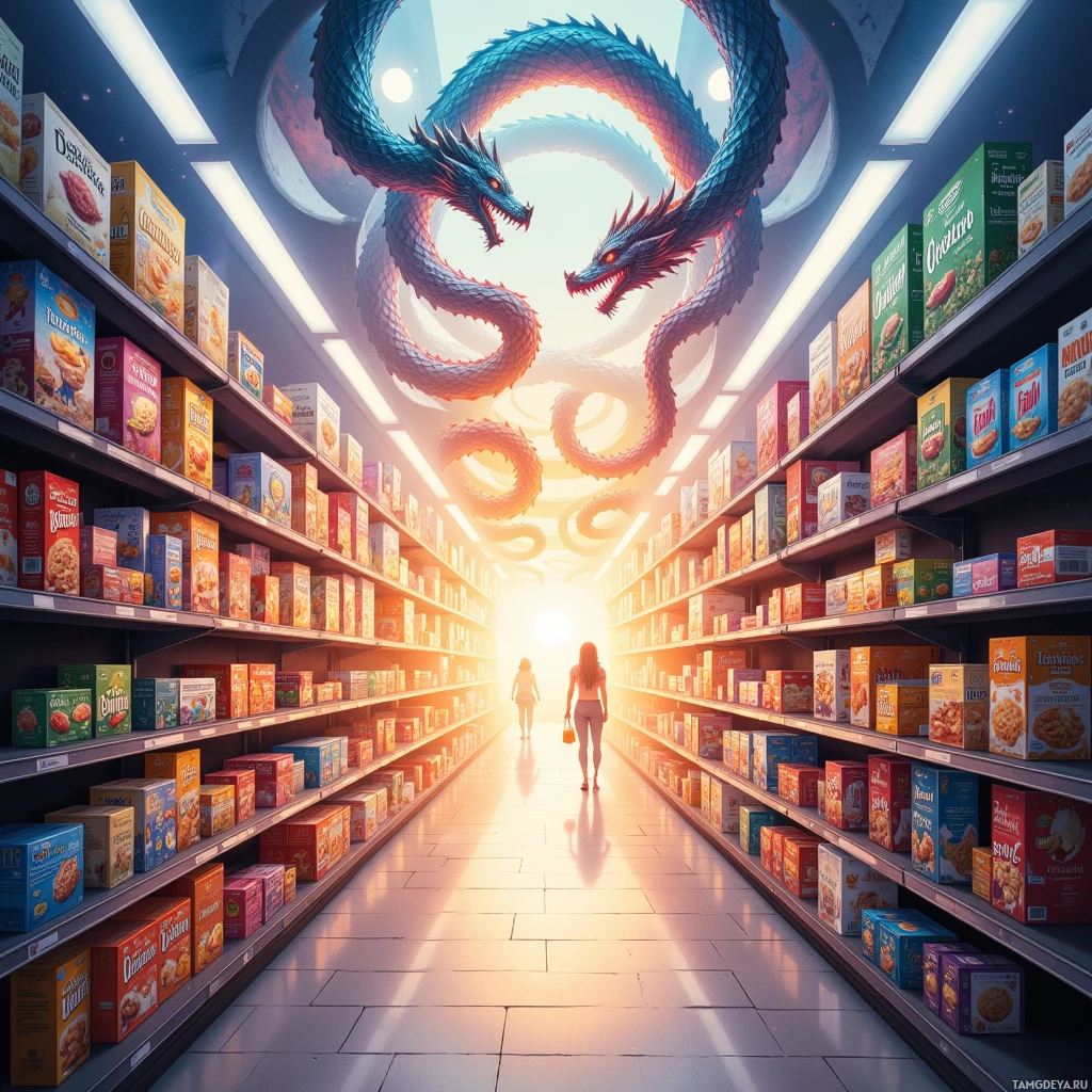 A surreal image of a grocery store aisle with a large dragon floating above the shelves.
