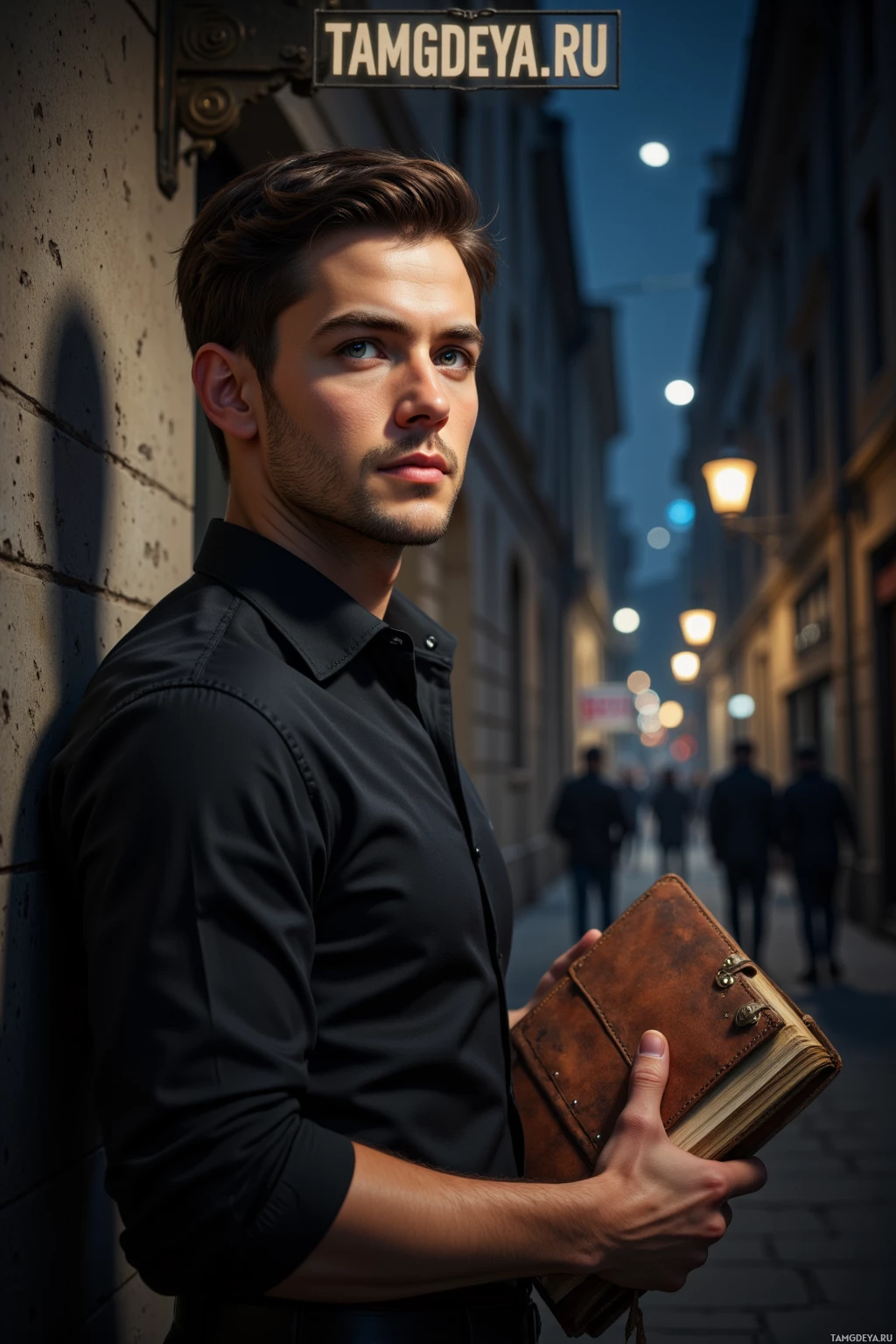 A man in a black shirt holds a leather-bound book, standing against a wall in a dimly lit street.