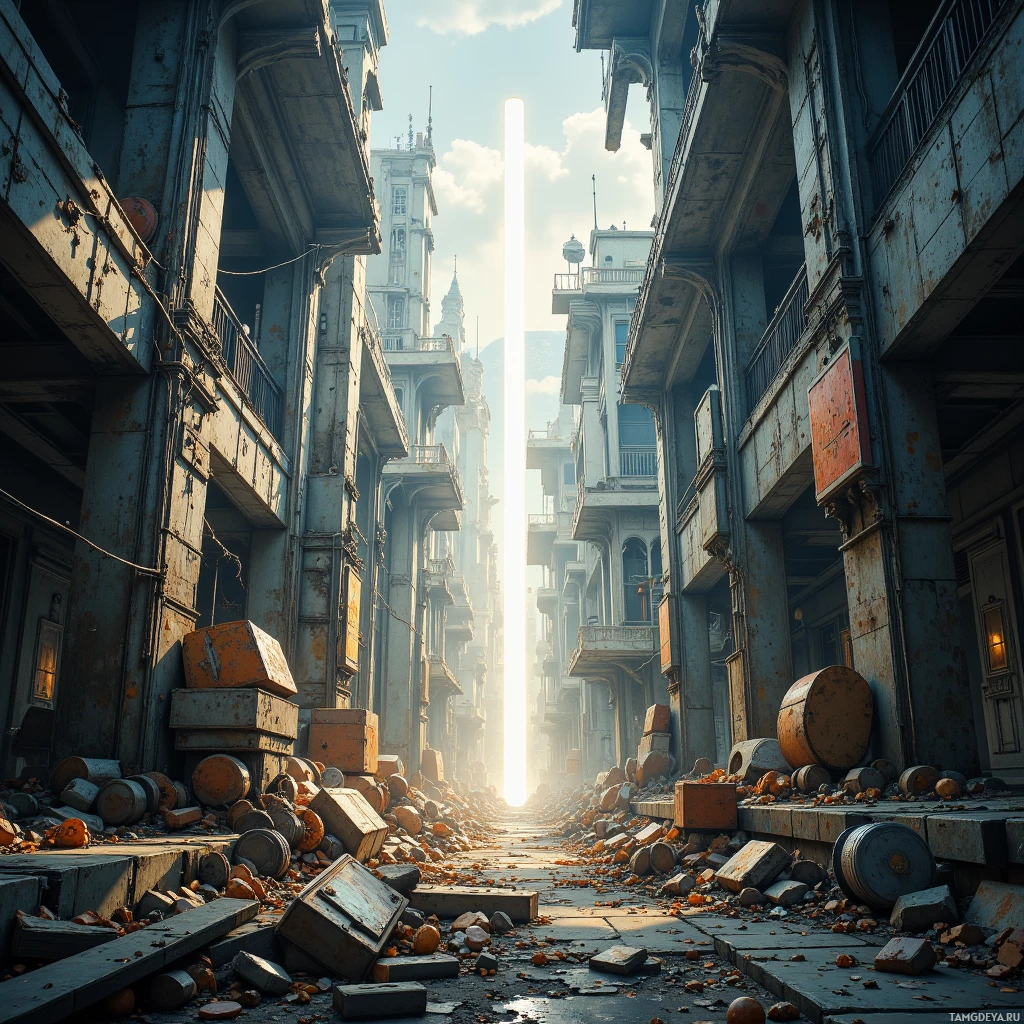 A dilapidated urban alleyway with debris and a bright light source at the end.