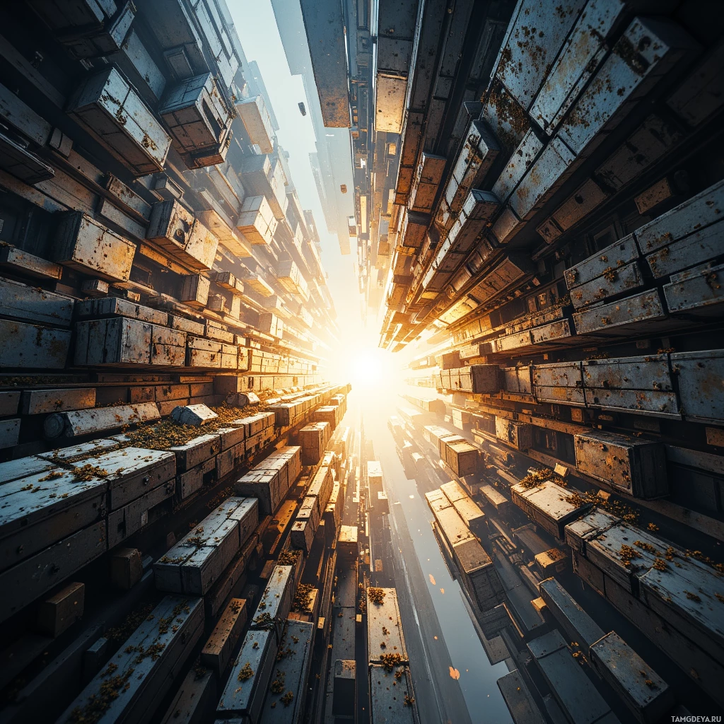 A futuristic cityscape with towering, metallic structures converging towards a bright light at the horizon.