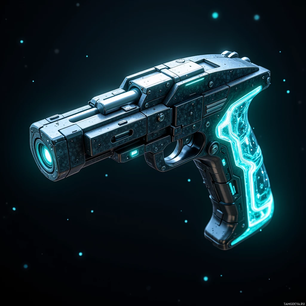 A futuristic, metallic handgun with glowing blue accents and a sleek design.