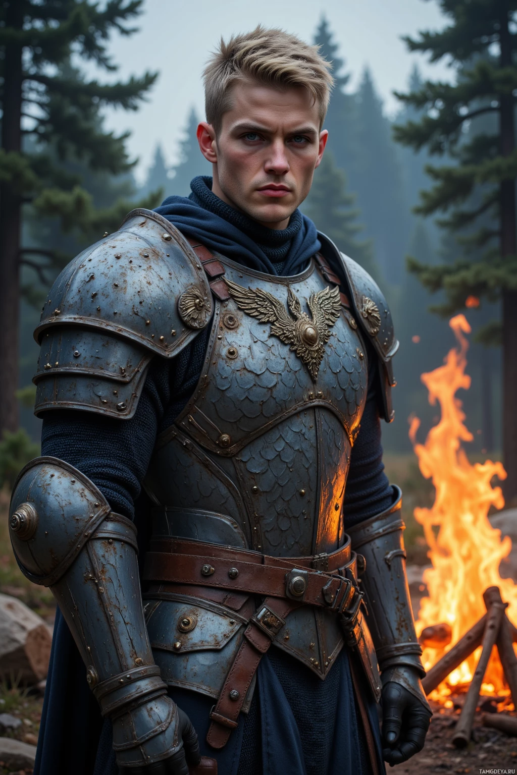 A knight in armor stands by a campfire in a forest.