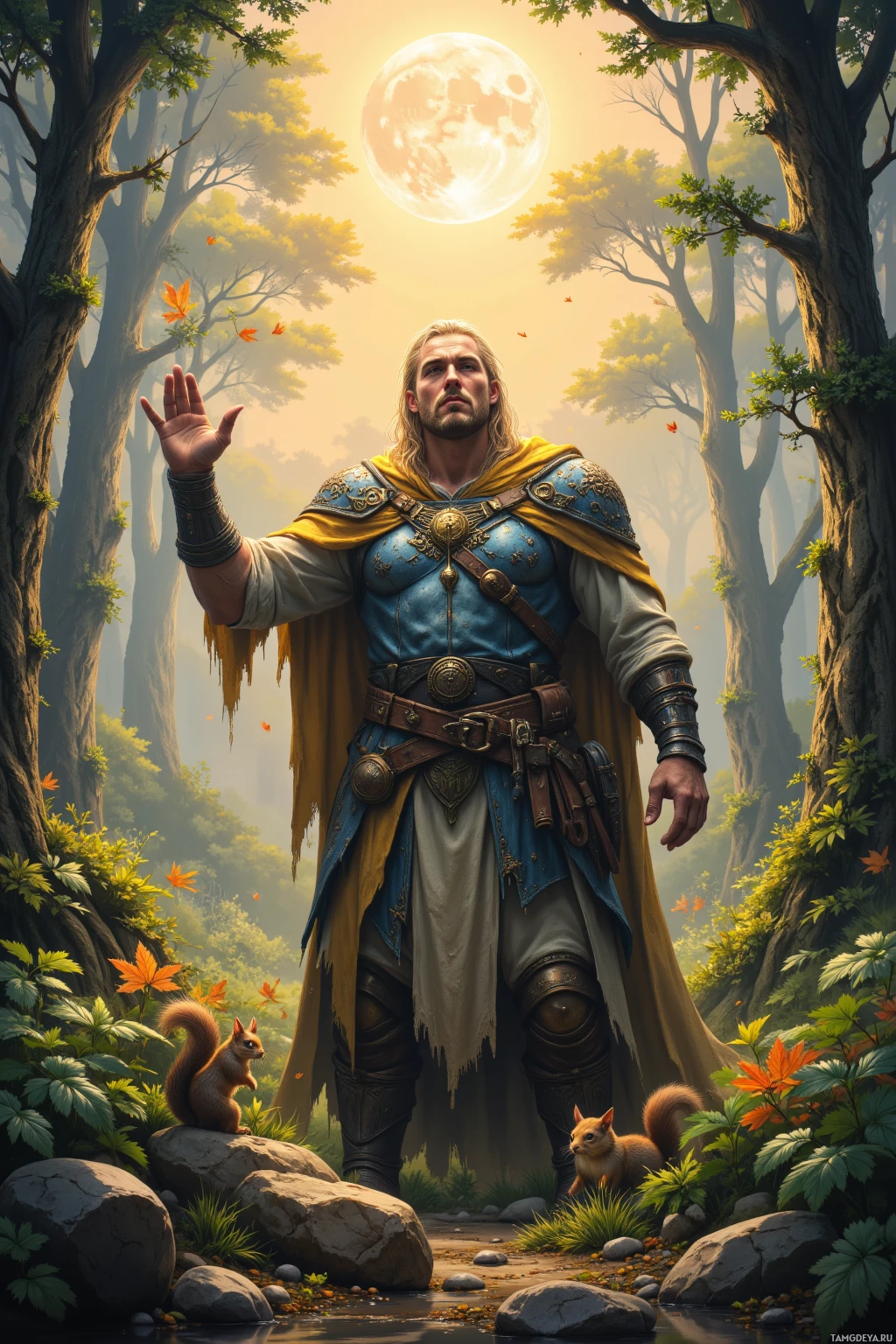 A warrior in ornate armor stands in a serene forest under a glowing moon.