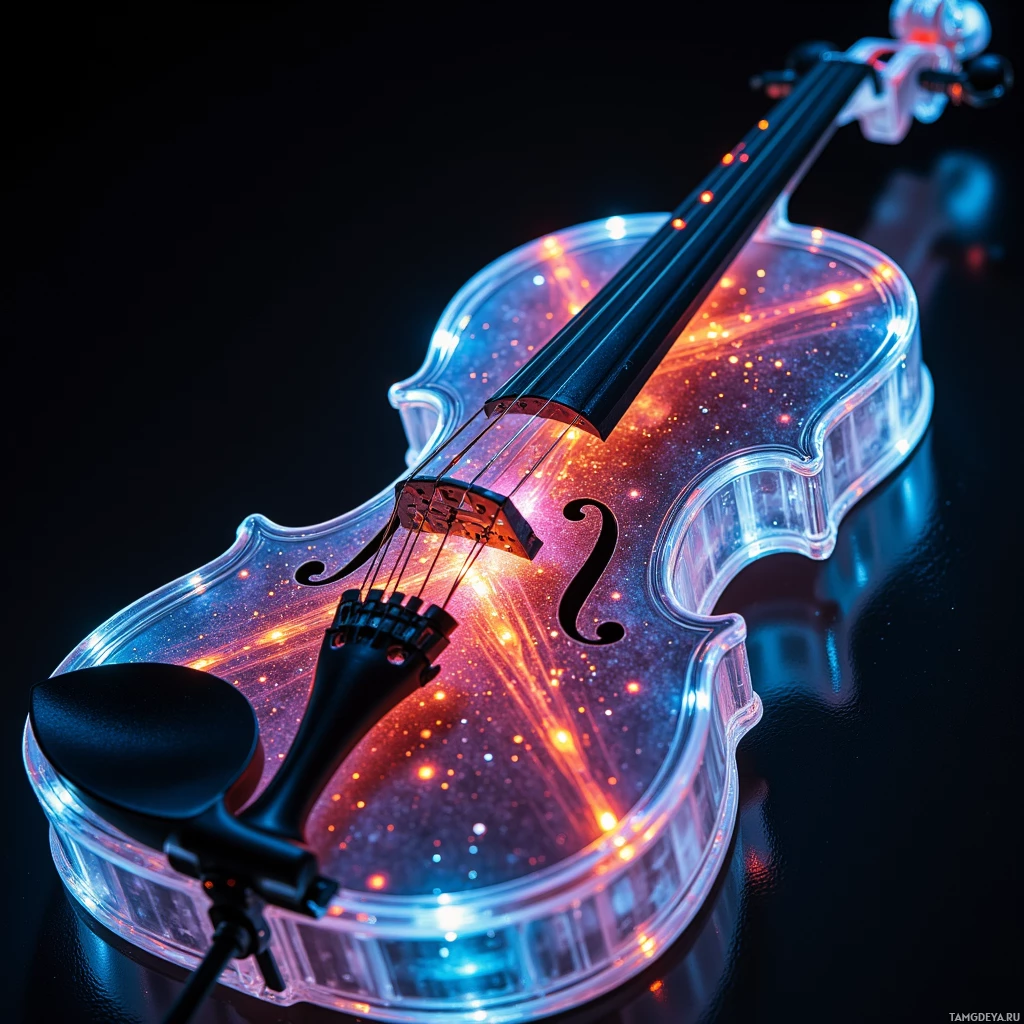 A glowing violin with a cosmic, starry background.