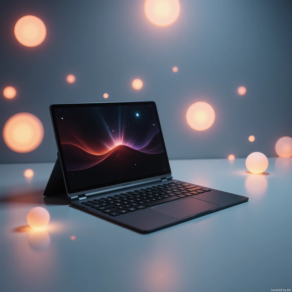 A sleek laptop with a glowing screen sits on a reflective surface, surrounded by floating orbs of light.