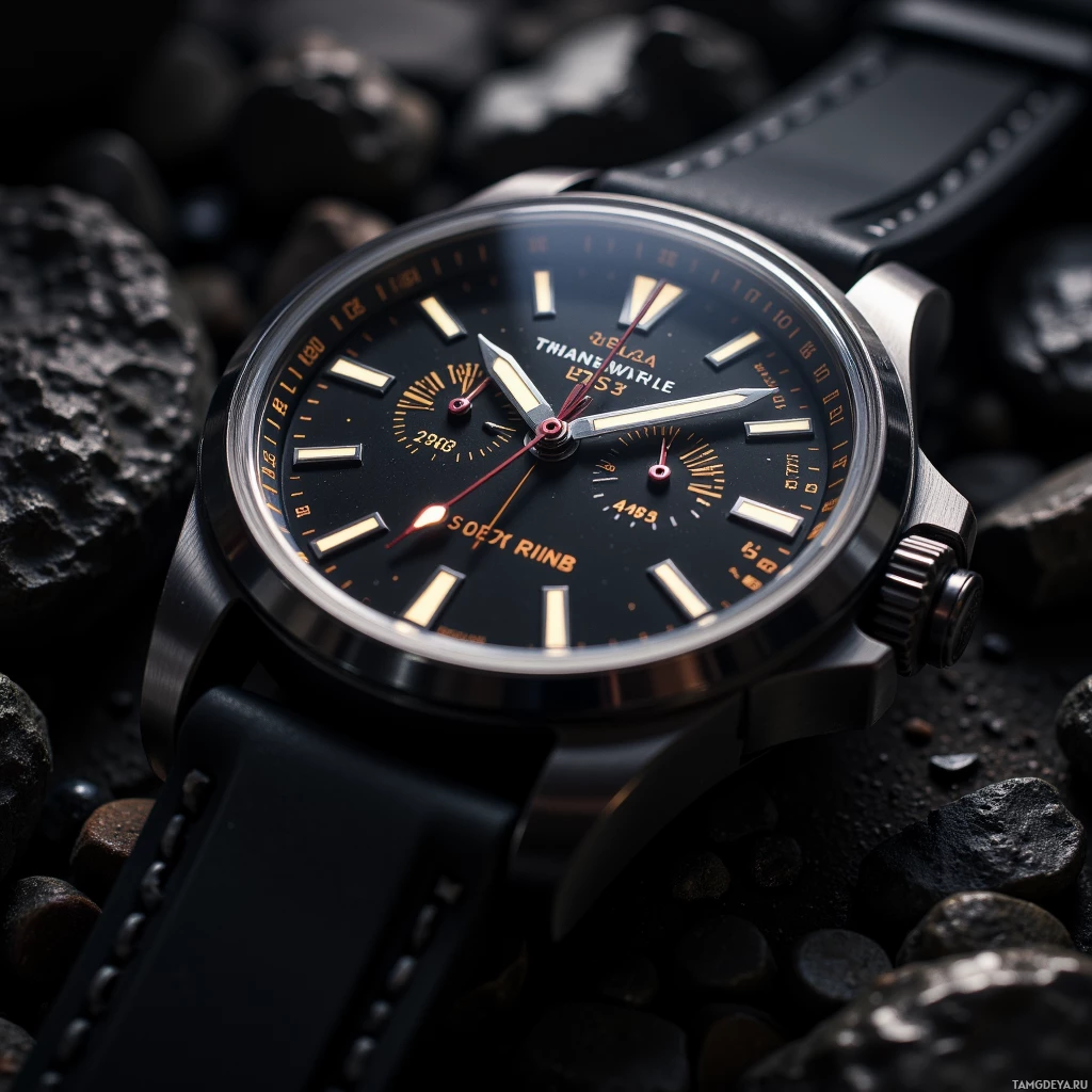 A close-up of a black wristwatch with a black leather strap and a dark dial.